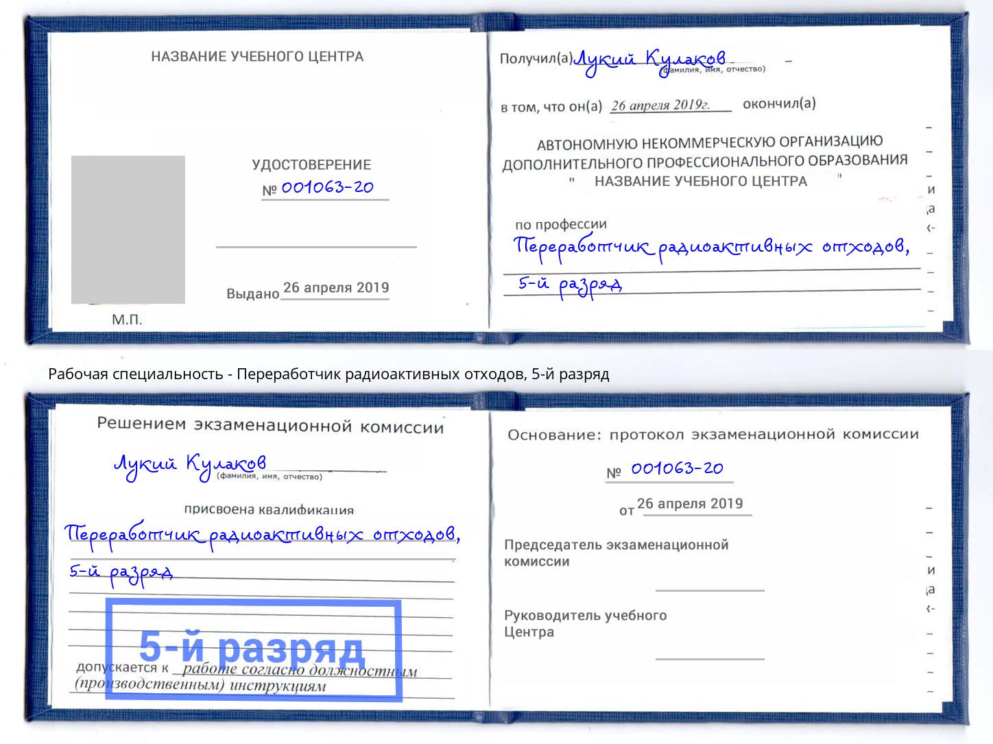 корочка 5-й разряд Переработчик радиоактивных отходов Арзамас