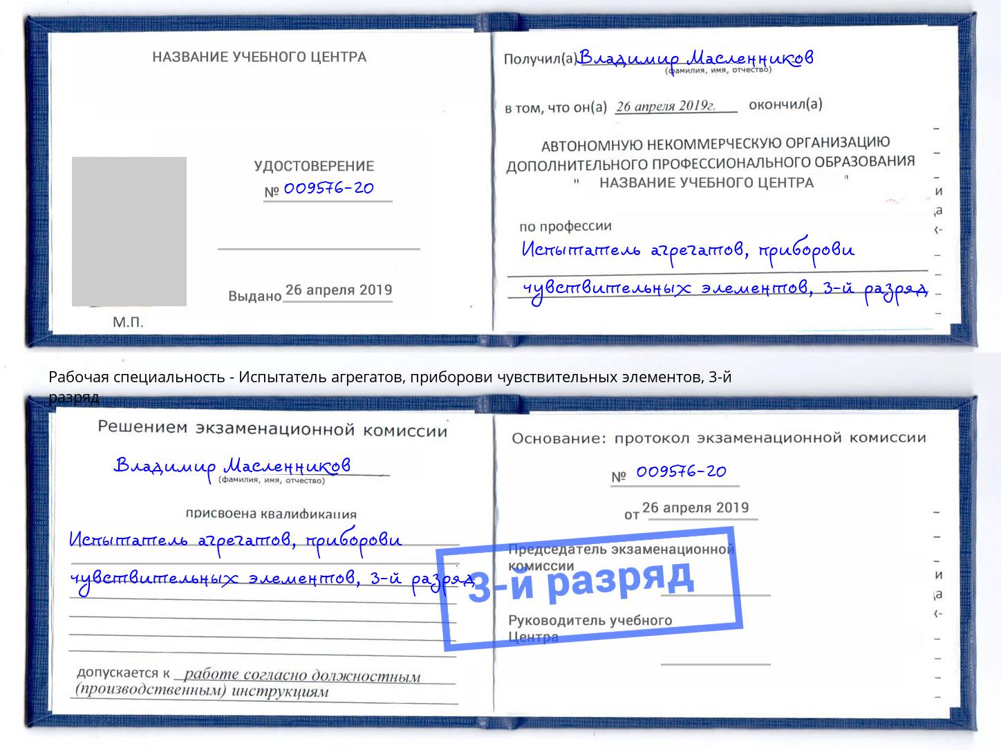 корочка 3-й разряд Испытатель агрегатов, приборови чувствительных элементов Арзамас