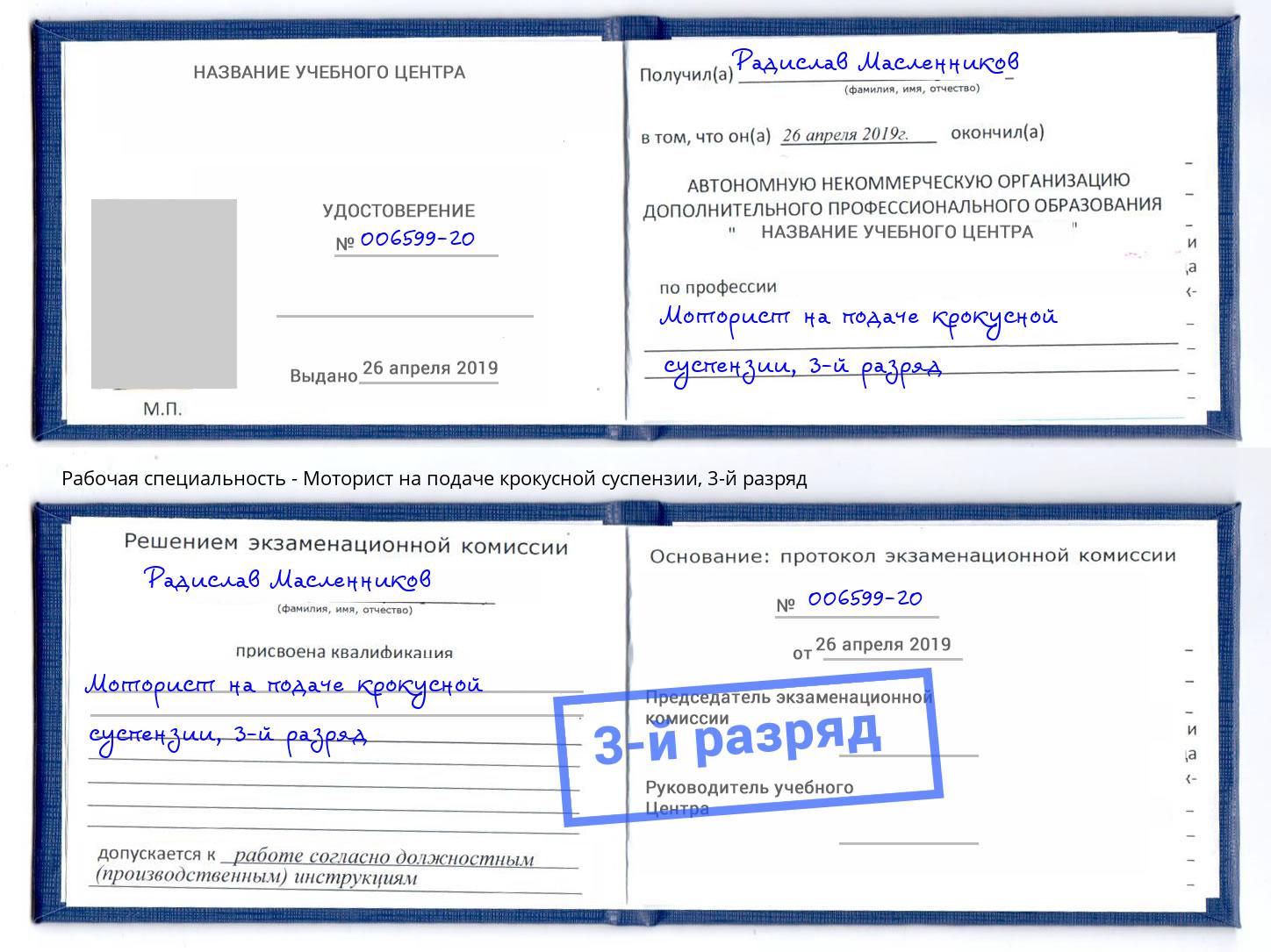 корочка 3-й разряд Моторист на подаче крокусной суспензии Арзамас