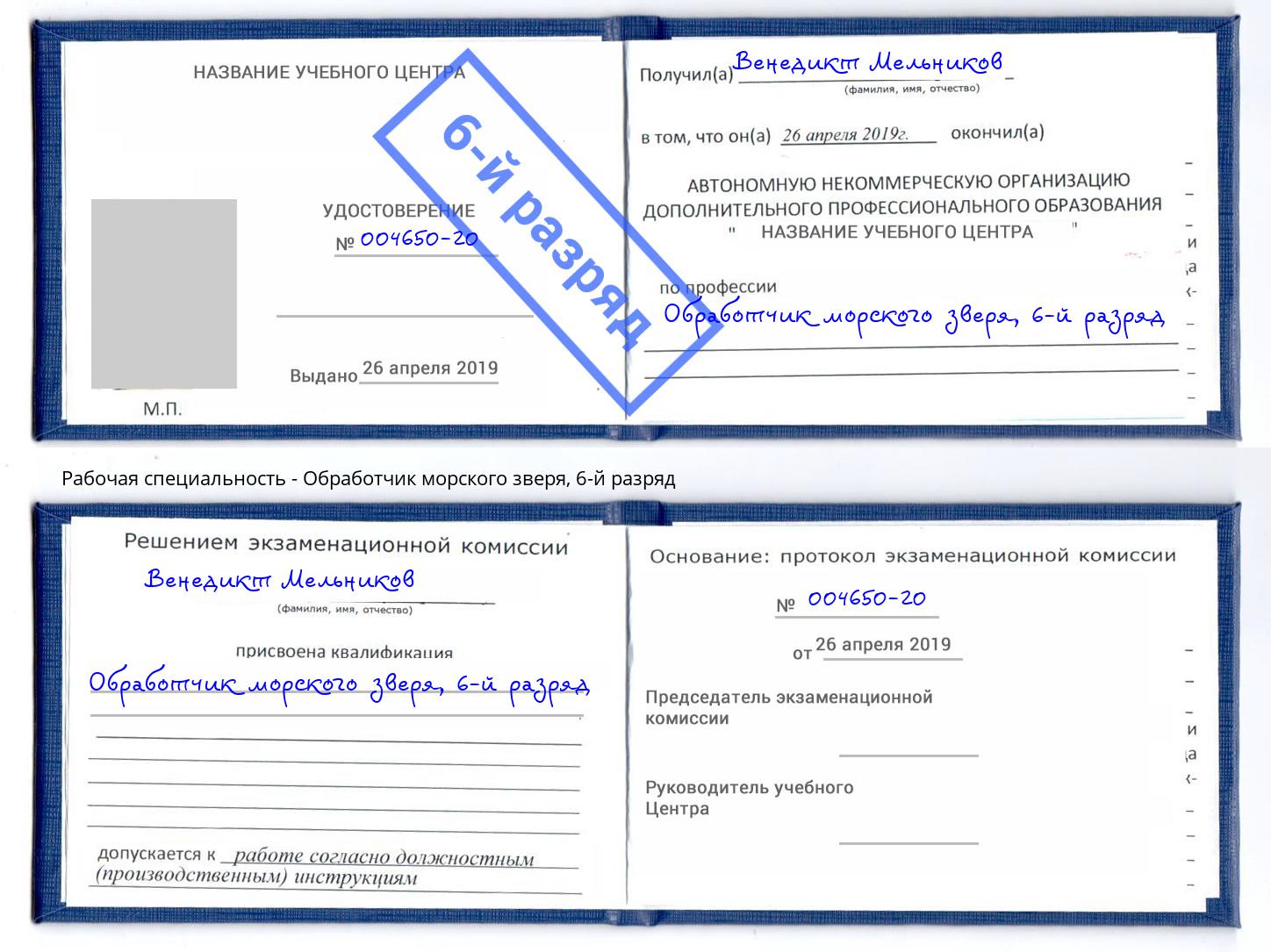 корочка 6-й разряд Обработчик морского зверя Арзамас