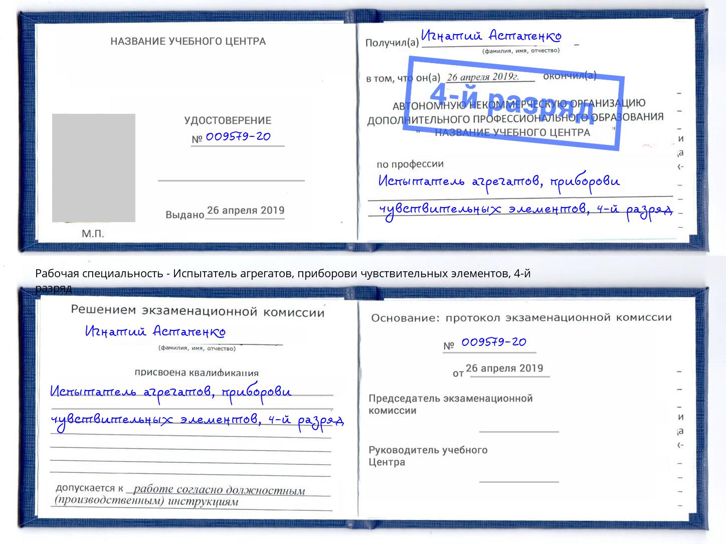 корочка 4-й разряд Испытатель агрегатов, приборови чувствительных элементов Арзамас