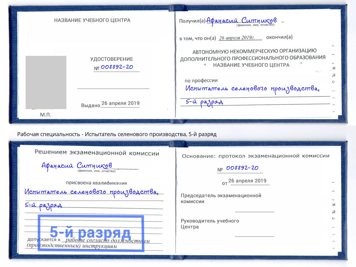 корочка 5-й разряд Испытатель селенового производства Арзамас