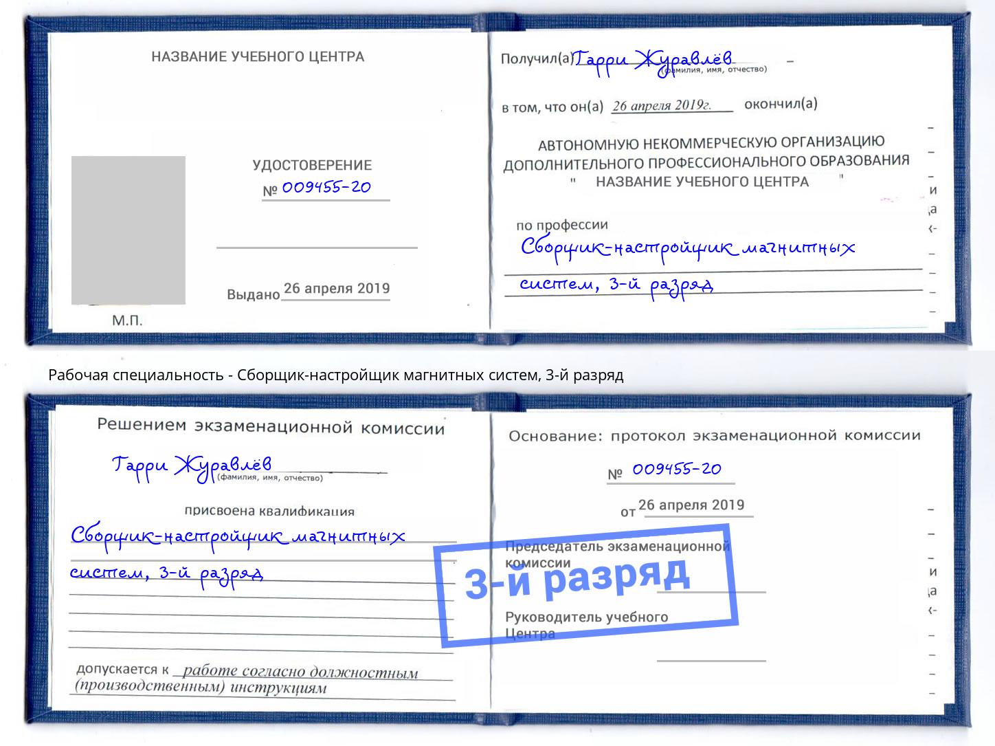 корочка 3-й разряд Сборщик-настройщик магнитных систем Арзамас