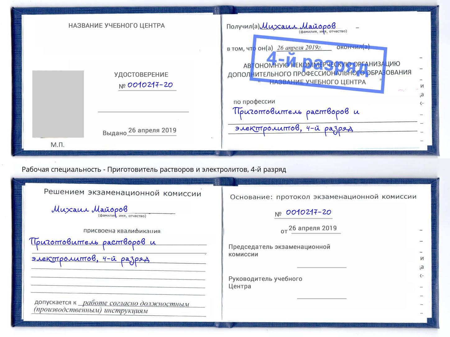 корочка 4-й разряд Приготовитель растворов и электролитов Арзамас