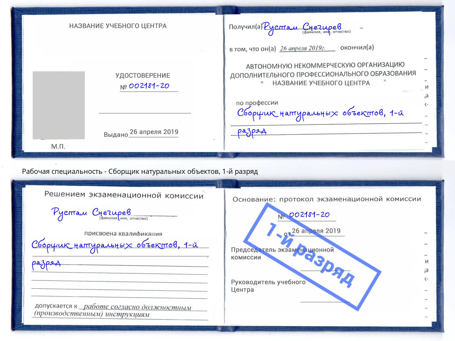корочка 1-й разряд Сборщик натуральных объектов Арзамас