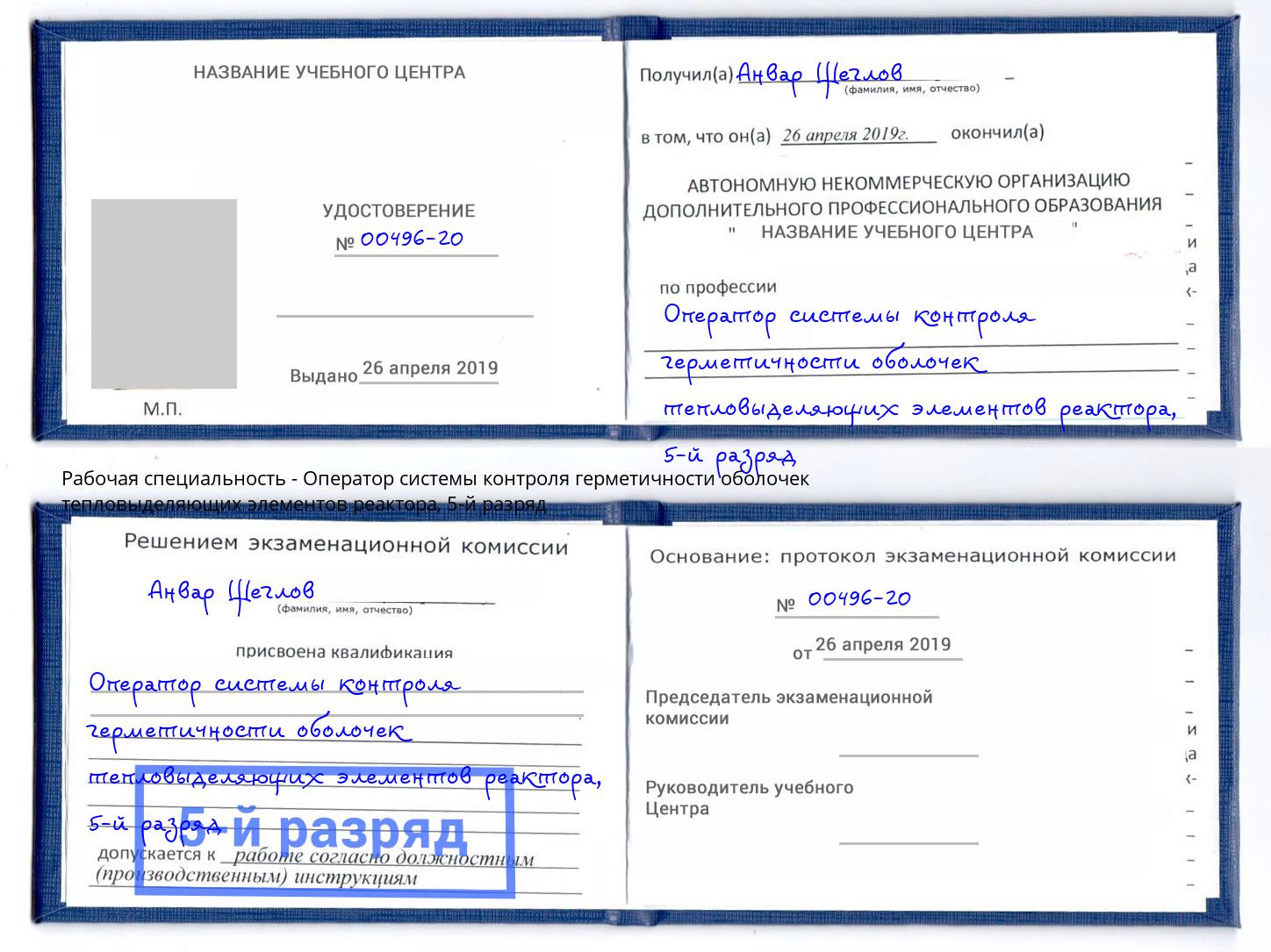 корочка 5-й разряд Оператор системы контроля герметичности оболочек тепловыделяющих элементов реактора Арзамас
