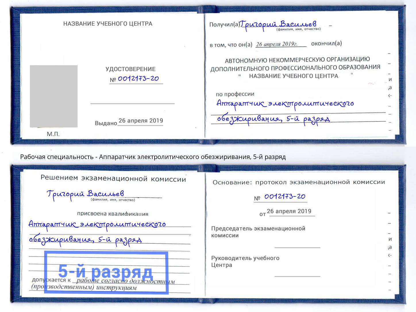 корочка 5-й разряд Аппаратчик электролитического обезжиривания Арзамас